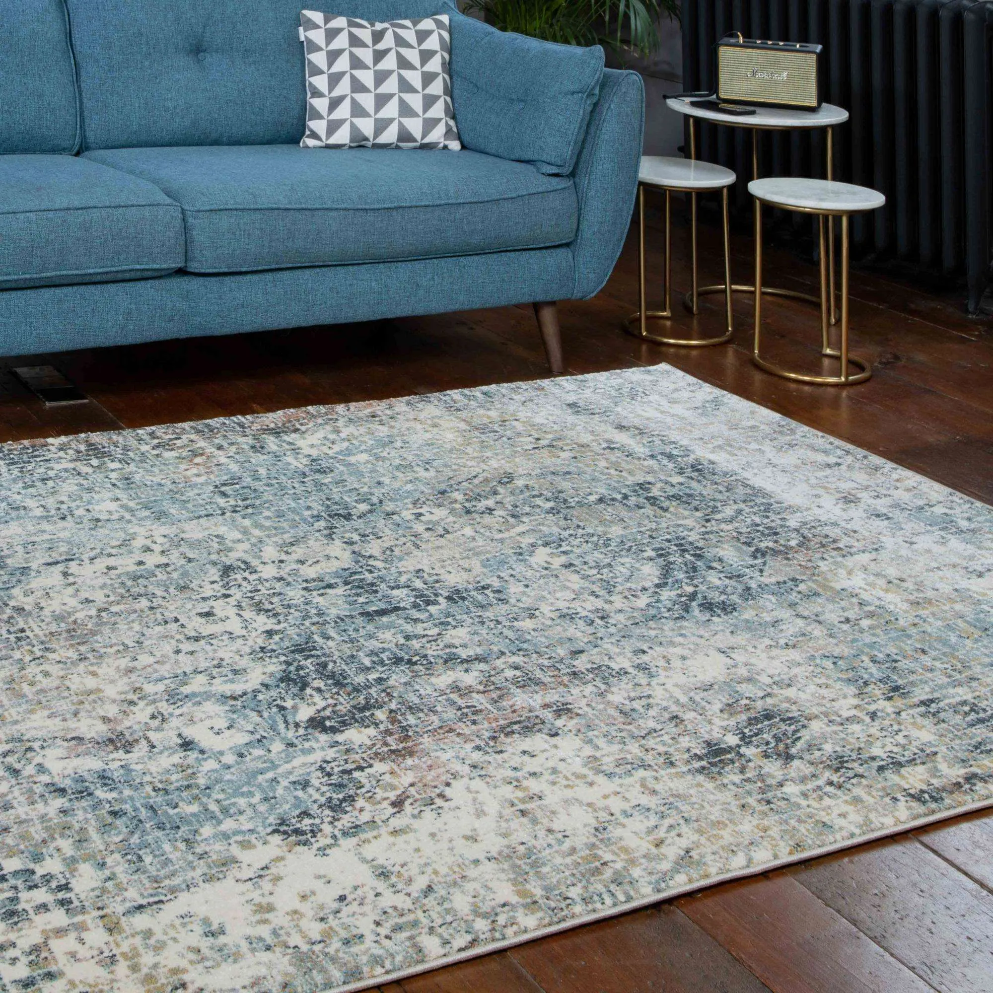 Soft Modern Blue Distressed Abstract Bedroom Rugs - Minuet