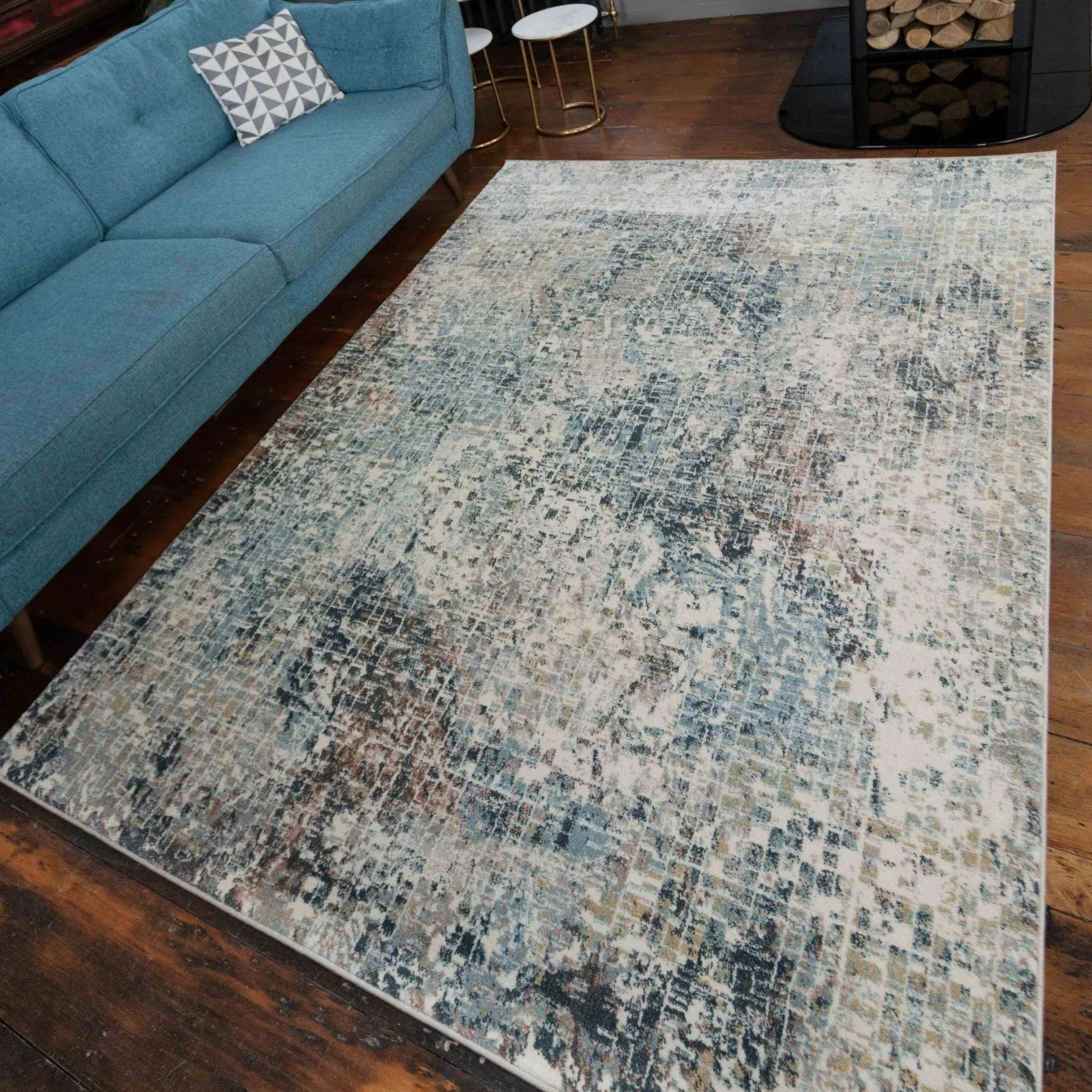 Soft Modern Blue Distressed Abstract Bedroom Rugs - Minuet