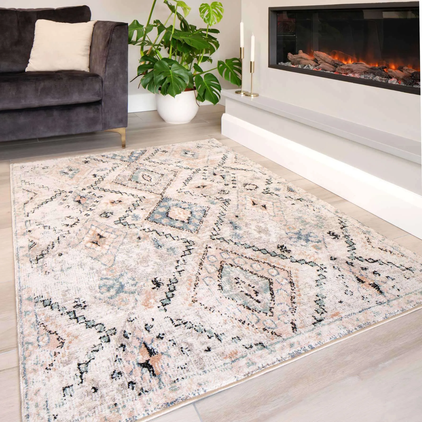 Soft Natural Blue Aztec Area Rug - Kemp