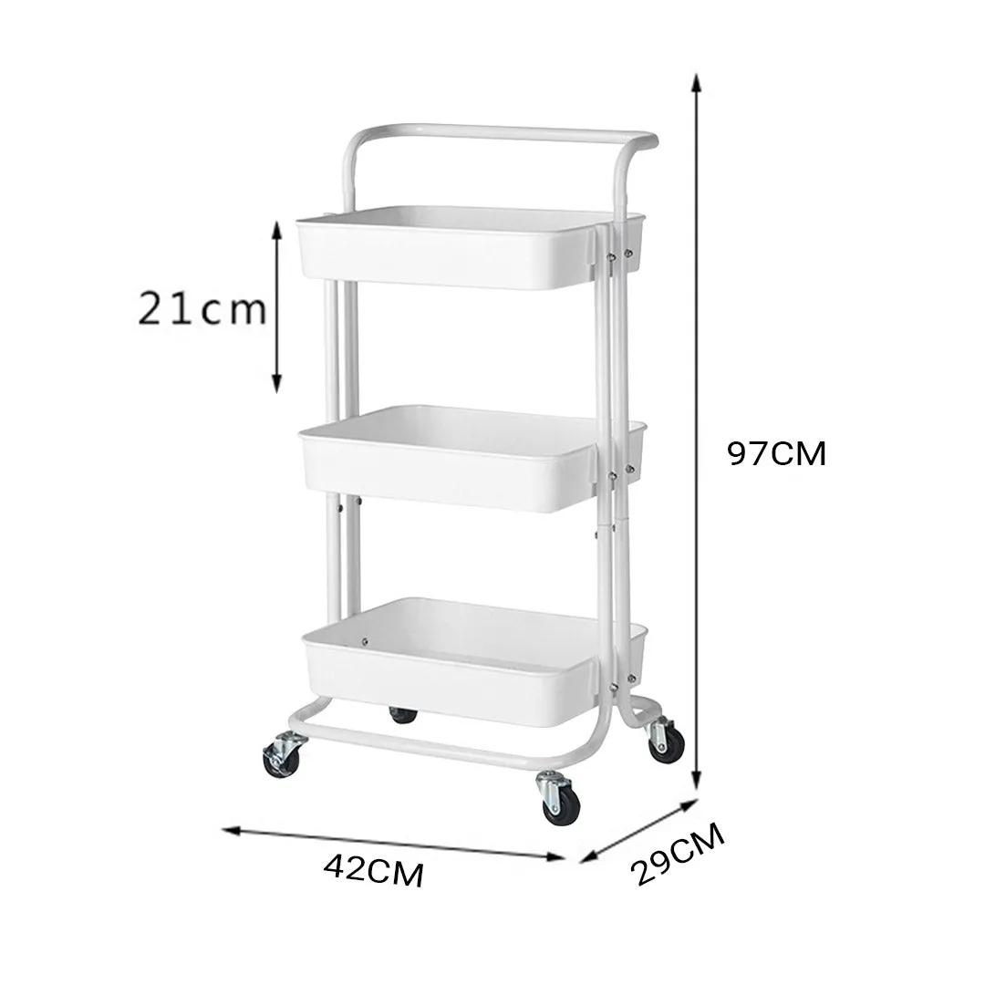 SOGA 3 Tier Steel White Movable Kitchen Cart Multi-Functional Shelves Portable Storage Organizer with Wheels