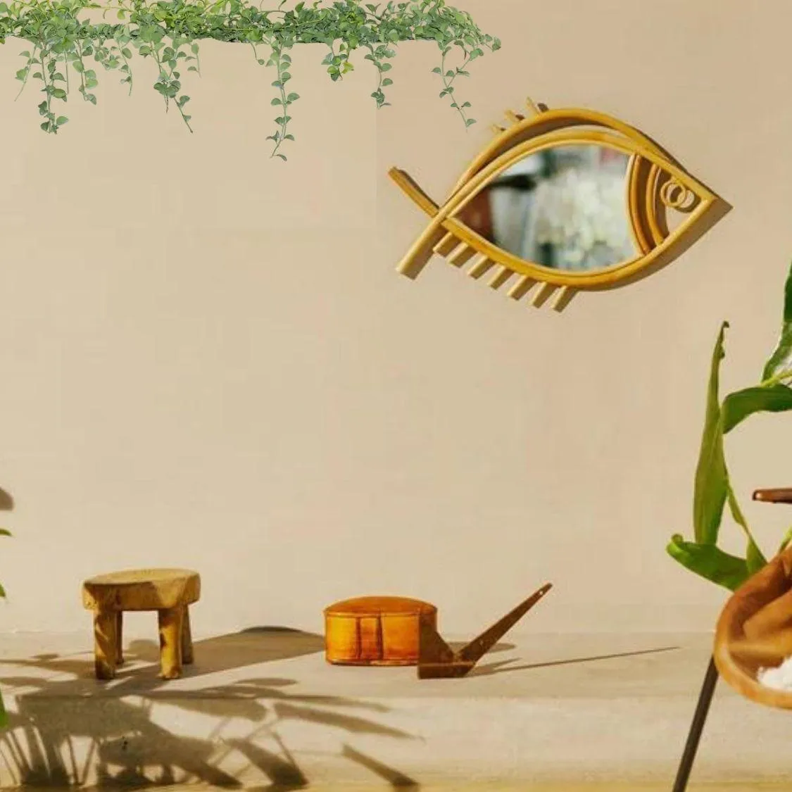 Swadeshi Bamboo Decorative Fish Shaped Wall Mirror Rattan Mirrors for Wall Rattan Wall Decor, Apartment balcony Décor