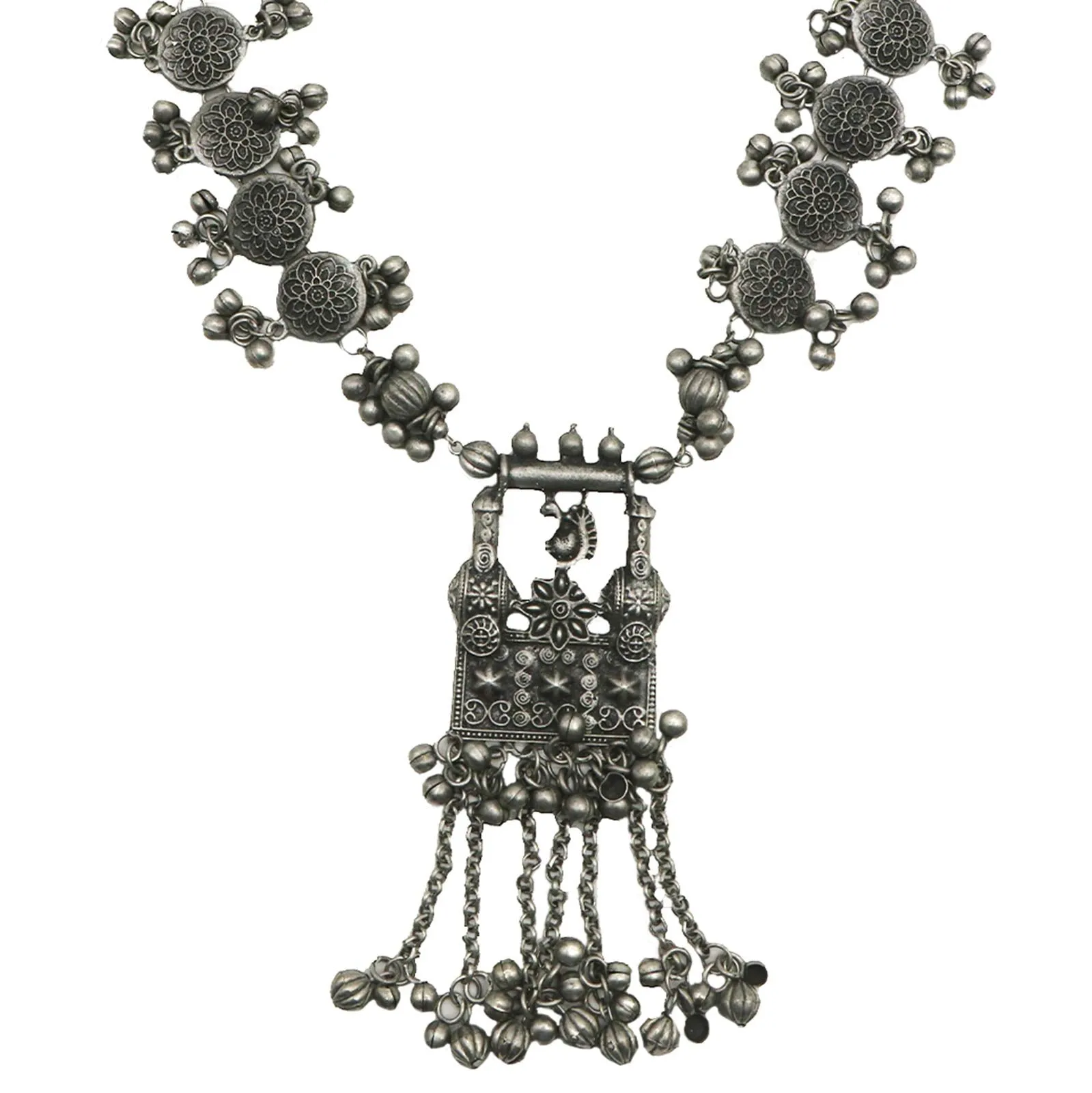 TEEJH Akhila Silver Oxidised Floral Necklace Set For Women