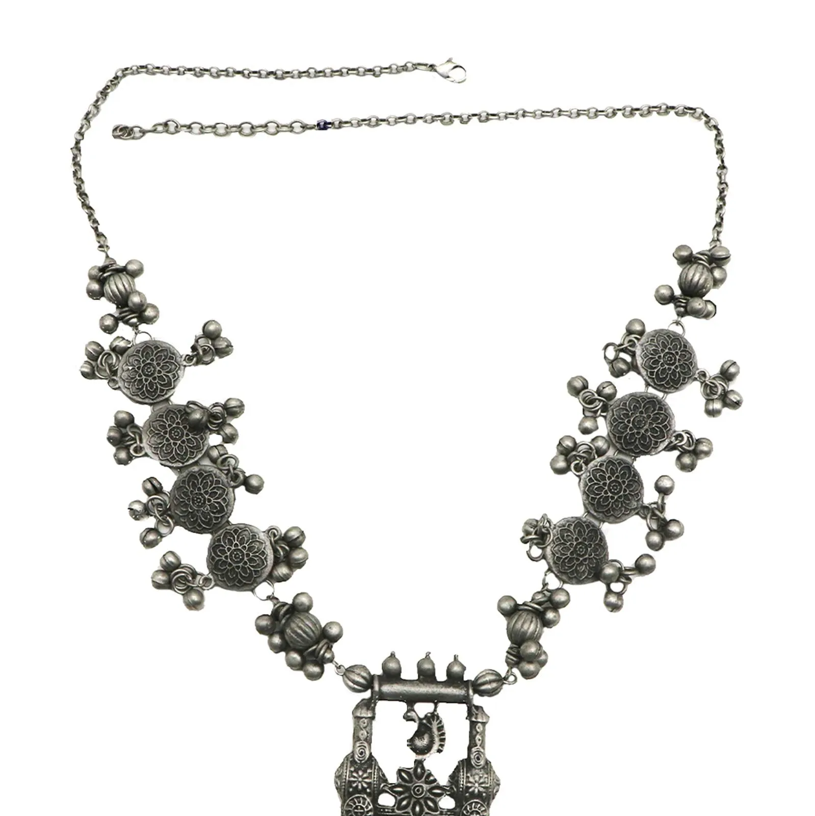 TEEJH Akhila Silver Oxidised Floral Necklace Set For Women