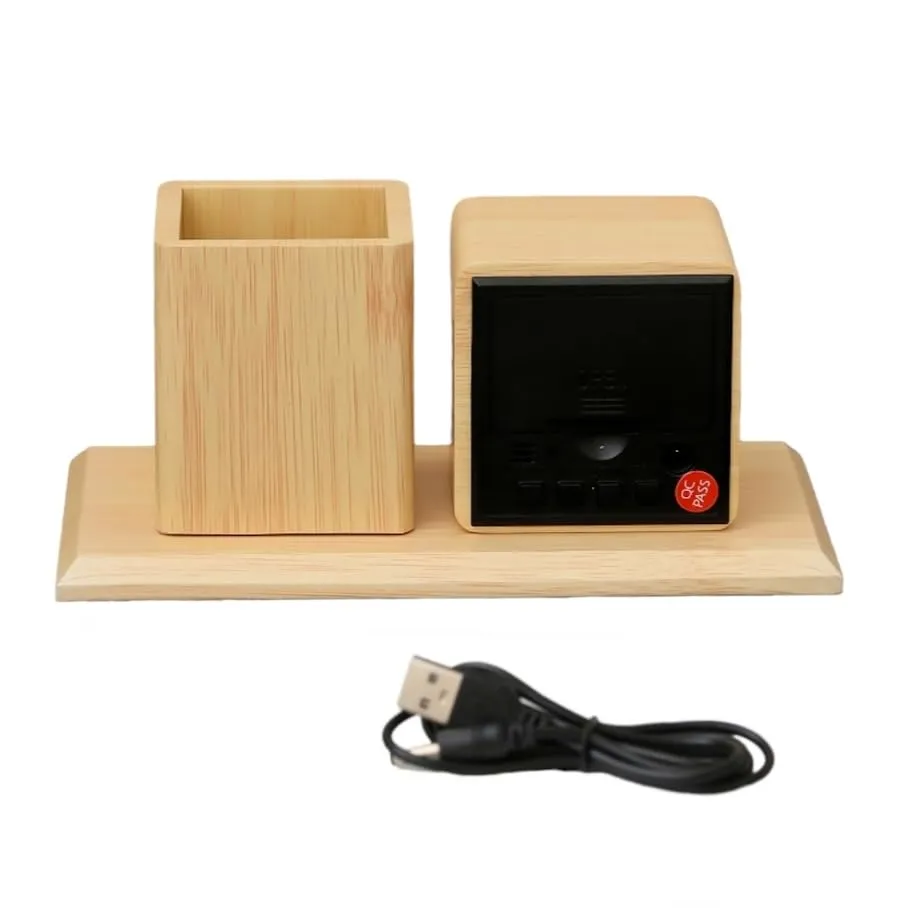 The Procure Store Wooden Digital Clock with Pen Holder- Golden