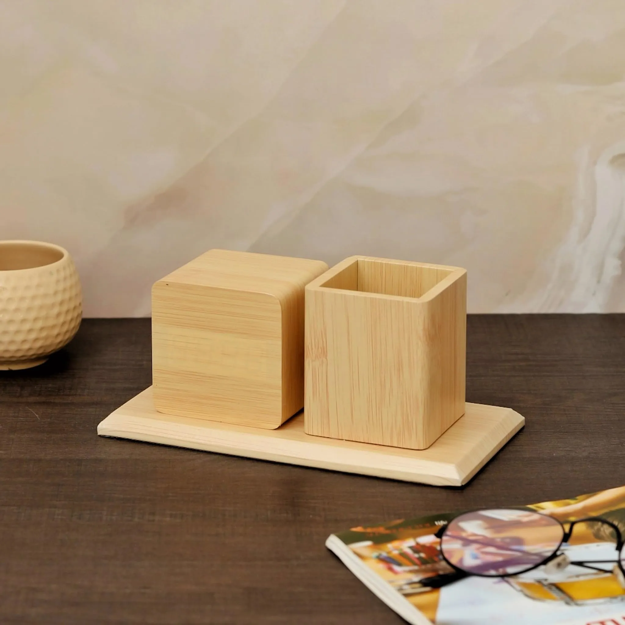 The Procure Store Wooden Digital Clock with Pen Holder- Golden