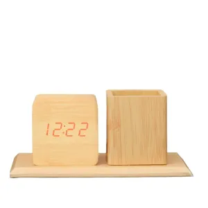 The Procure Store Wooden Digital Clock with Pen Holder- Golden