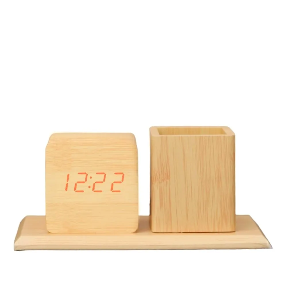 The Procure Store Wooden Digital Clock with Pen Holder- Golden