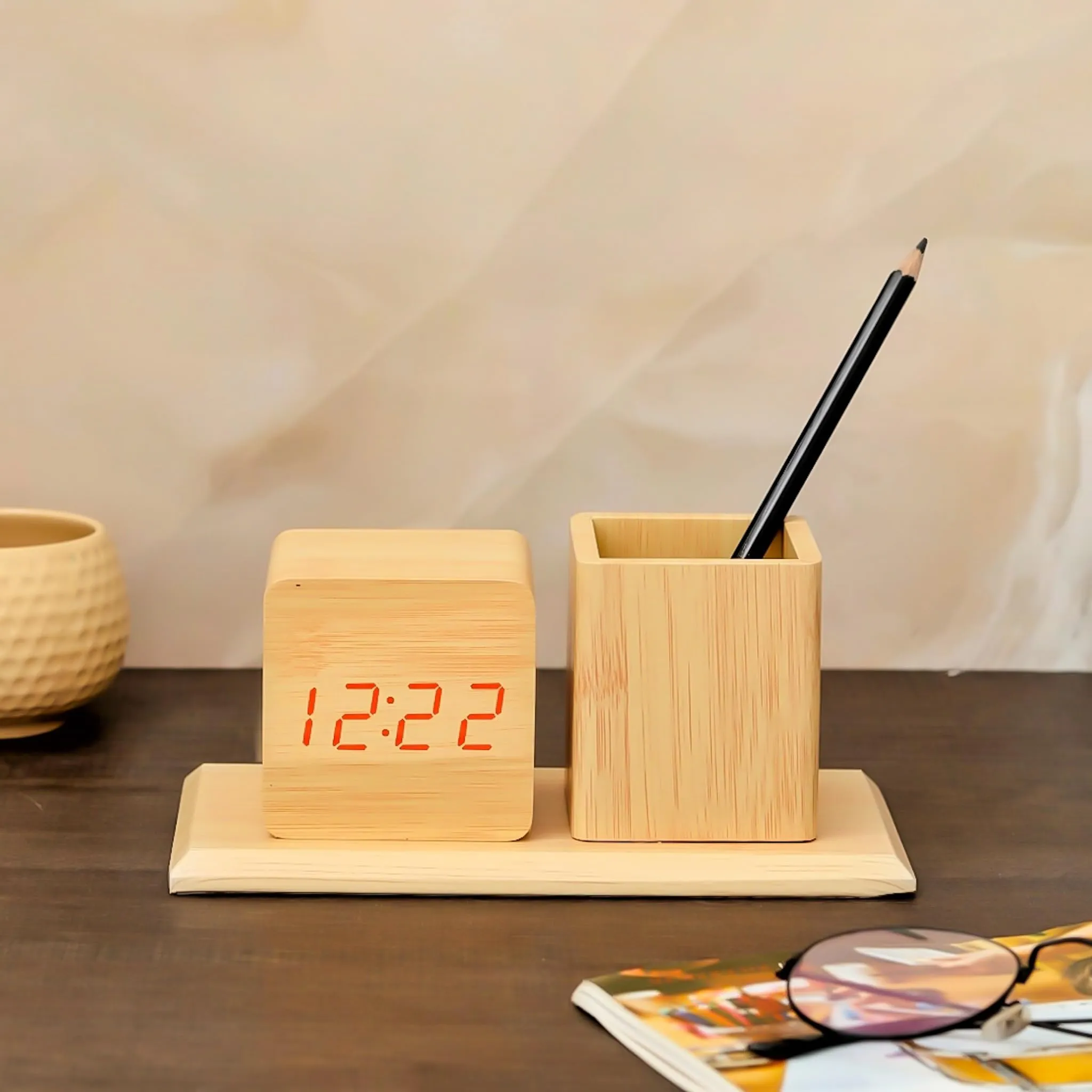 The Procure Store Wooden Digital Clock with Pen Holder- Golden