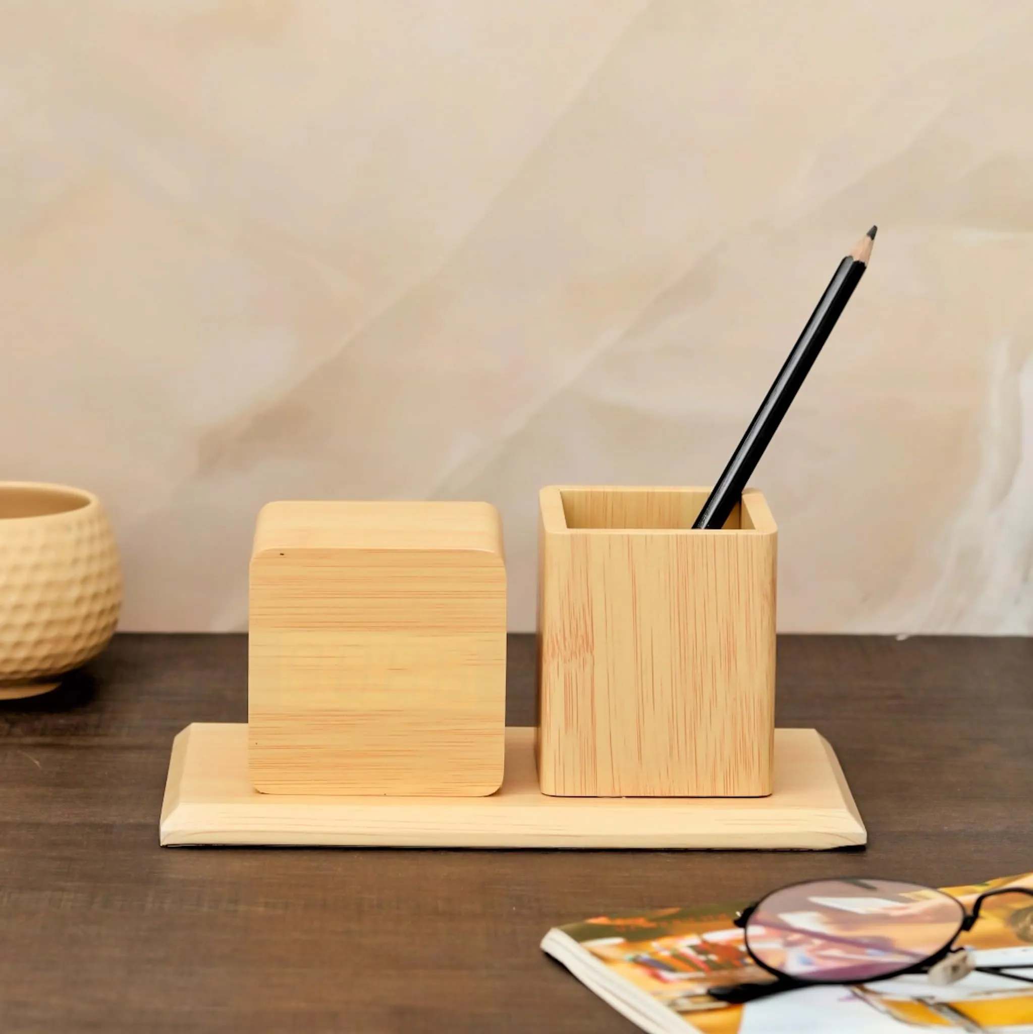The Procure Store Wooden Digital Clock with Pen Holder- Golden