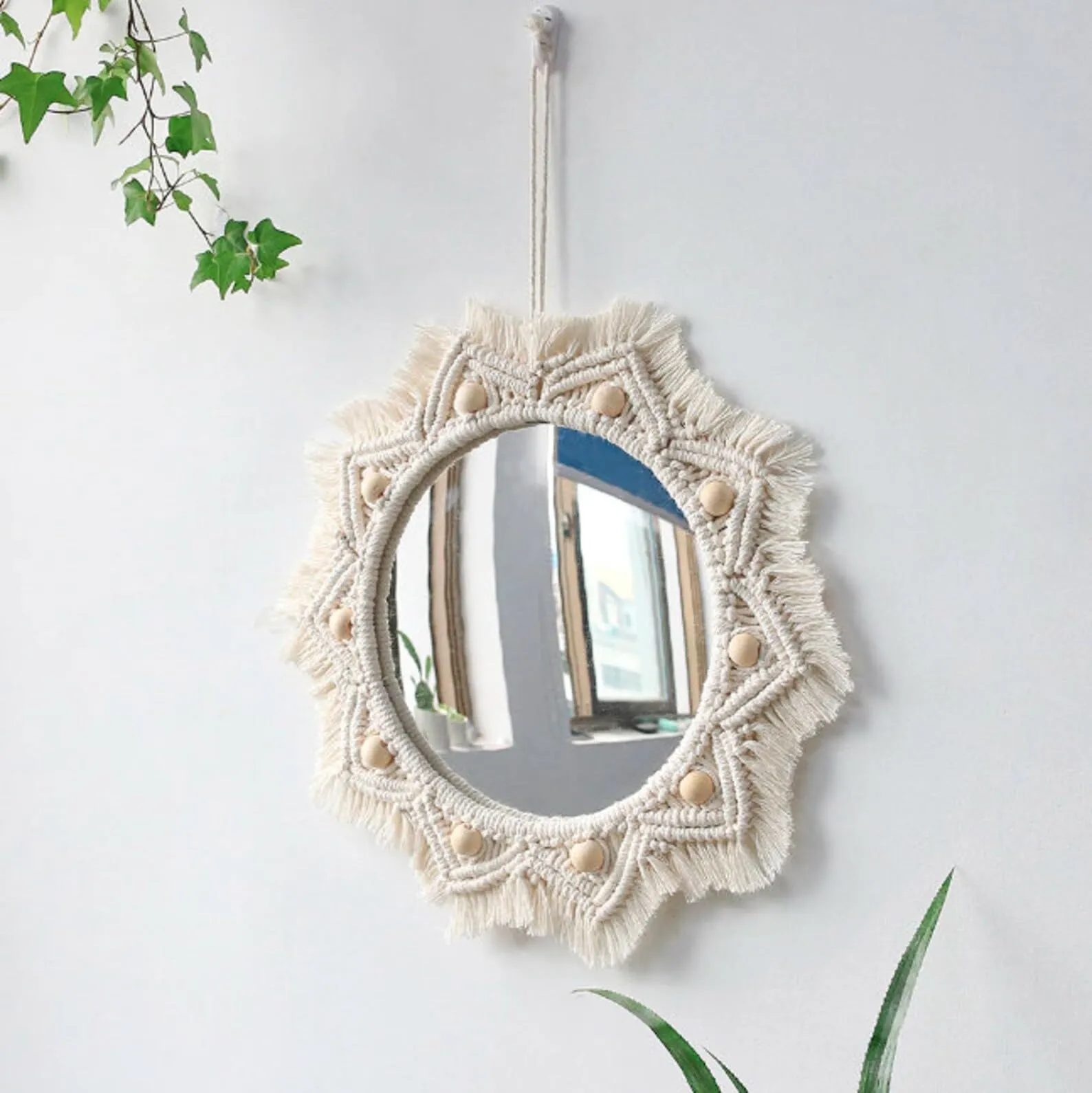 tms Boho Bliss Off-White Macramé Mirror with Fringe - 10 Inch Round Mirror Diameter, 18 Inch Total Length - Handcrafted Decorative Wall Hanging for Bohemian Home Décor - 1 Piece