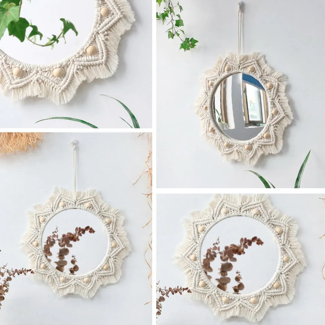 tms Boho Bliss Off-White Macramé Mirror with Fringe - 10 Inch Round Mirror Diameter, 18 Inch Total Length - Handcrafted Decorative Wall Hanging for Bohemian Home Décor - 1 Piece
