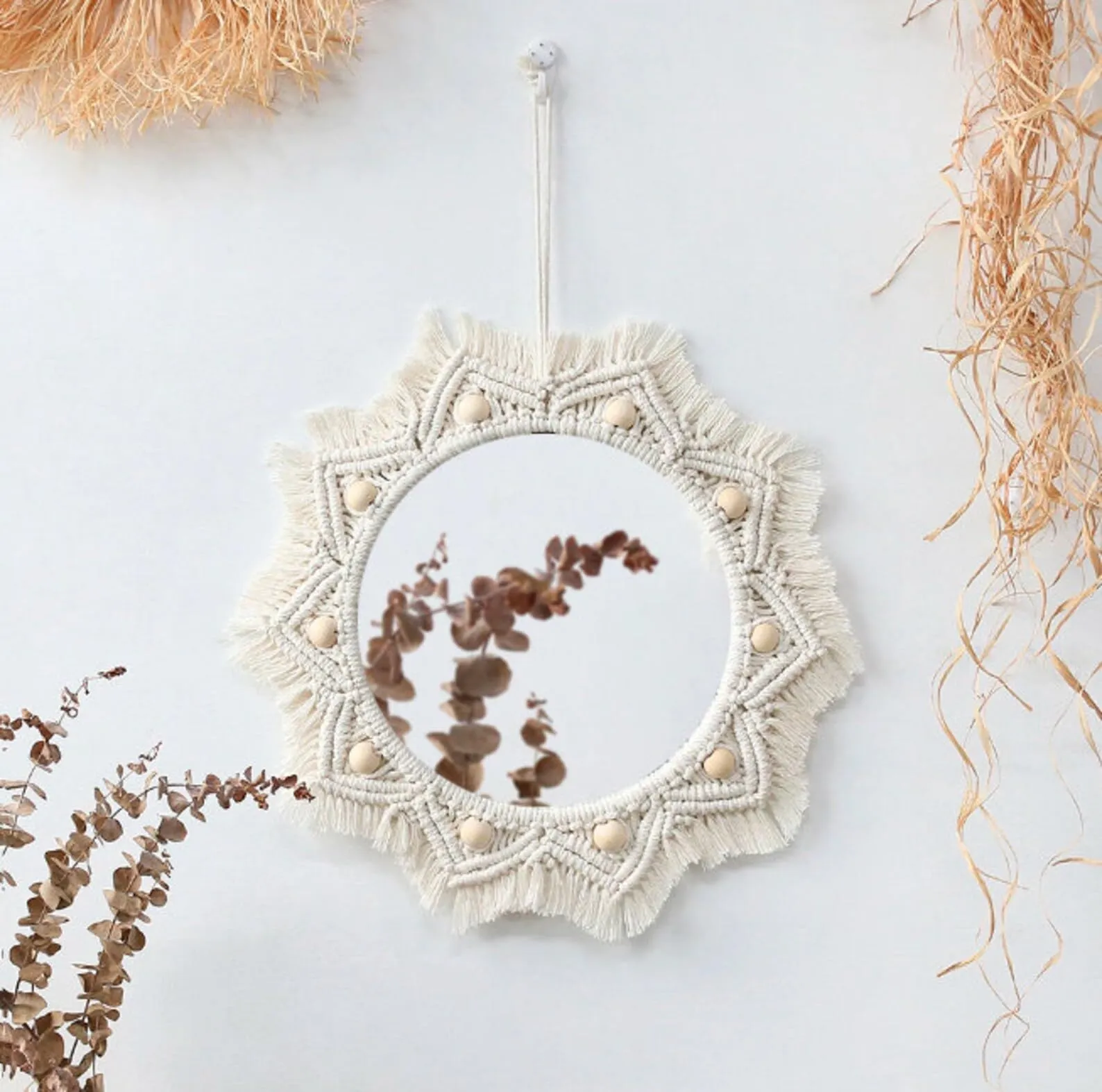 tms Boho Bliss Off-White Macramé Mirror with Fringe - 10 Inch Round Mirror Diameter, 18 Inch Total Length - Handcrafted Decorative Wall Hanging for Bohemian Home Décor - 1 Piece