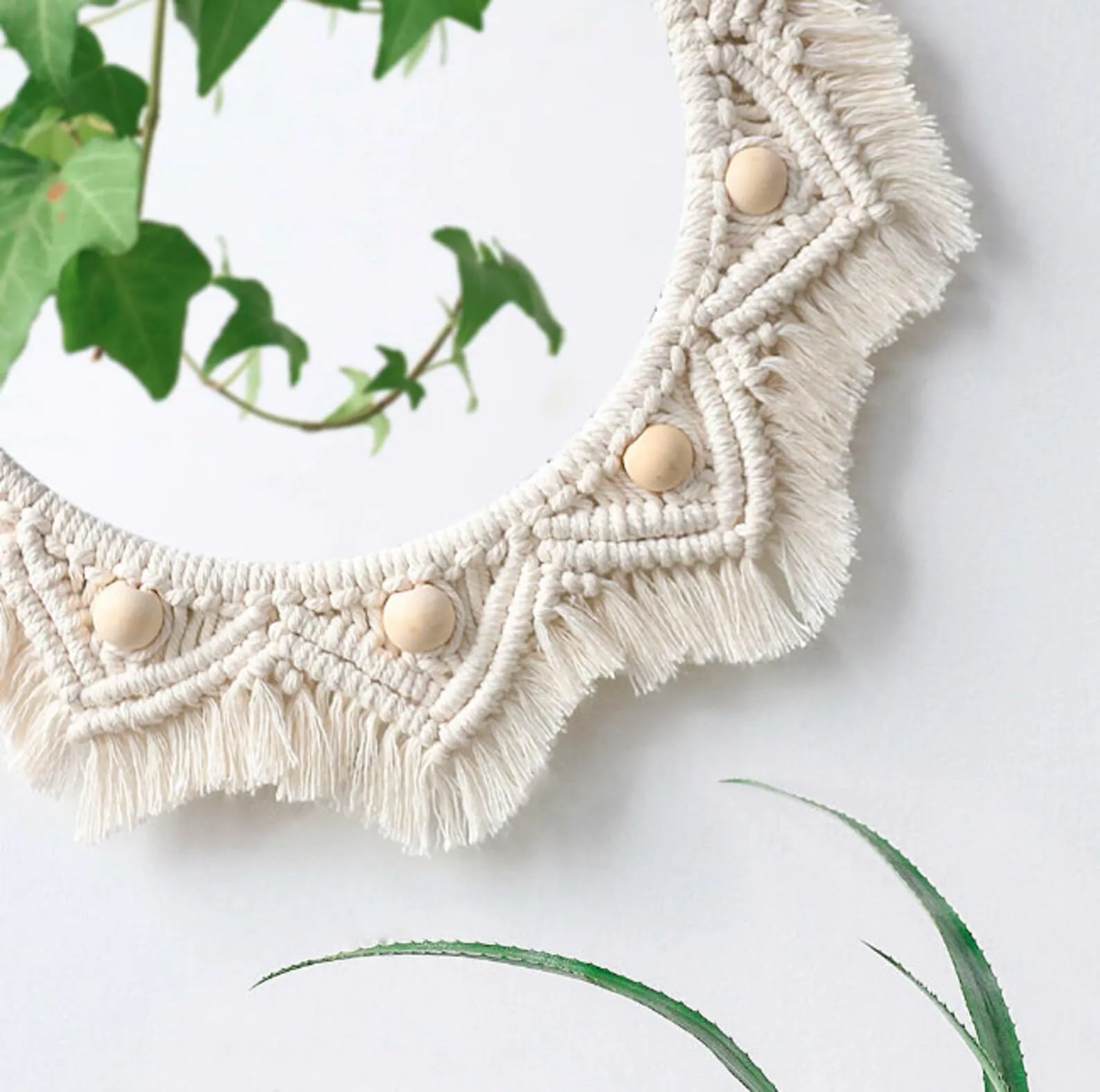 tms Boho Bliss Off-White Macramé Mirror with Fringe - 10 Inch Round Mirror Diameter, 18 Inch Total Length - Handcrafted Decorative Wall Hanging for Bohemian Home Décor - 1 Piece