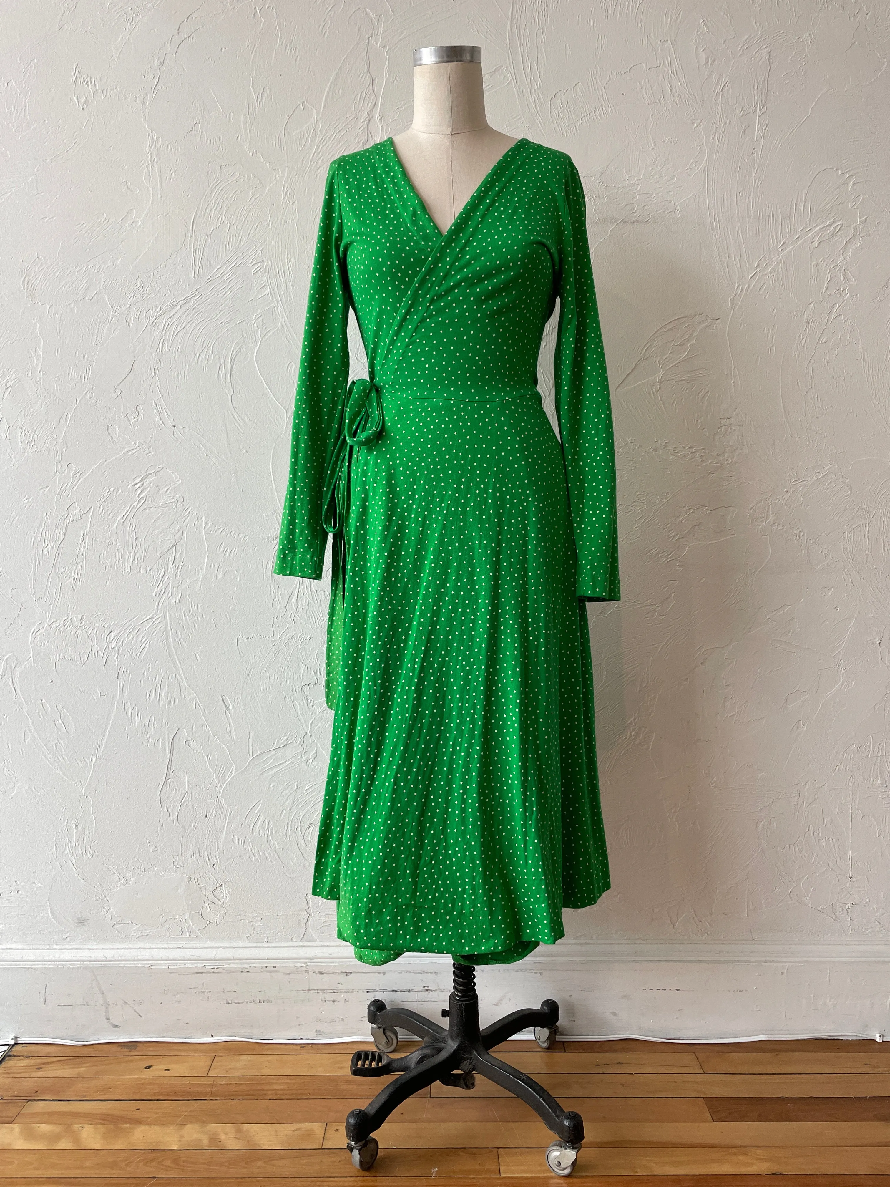 Vintage Diane Von Furstenberg Spring Green Polka Dot Jersey Wrap Dress Large