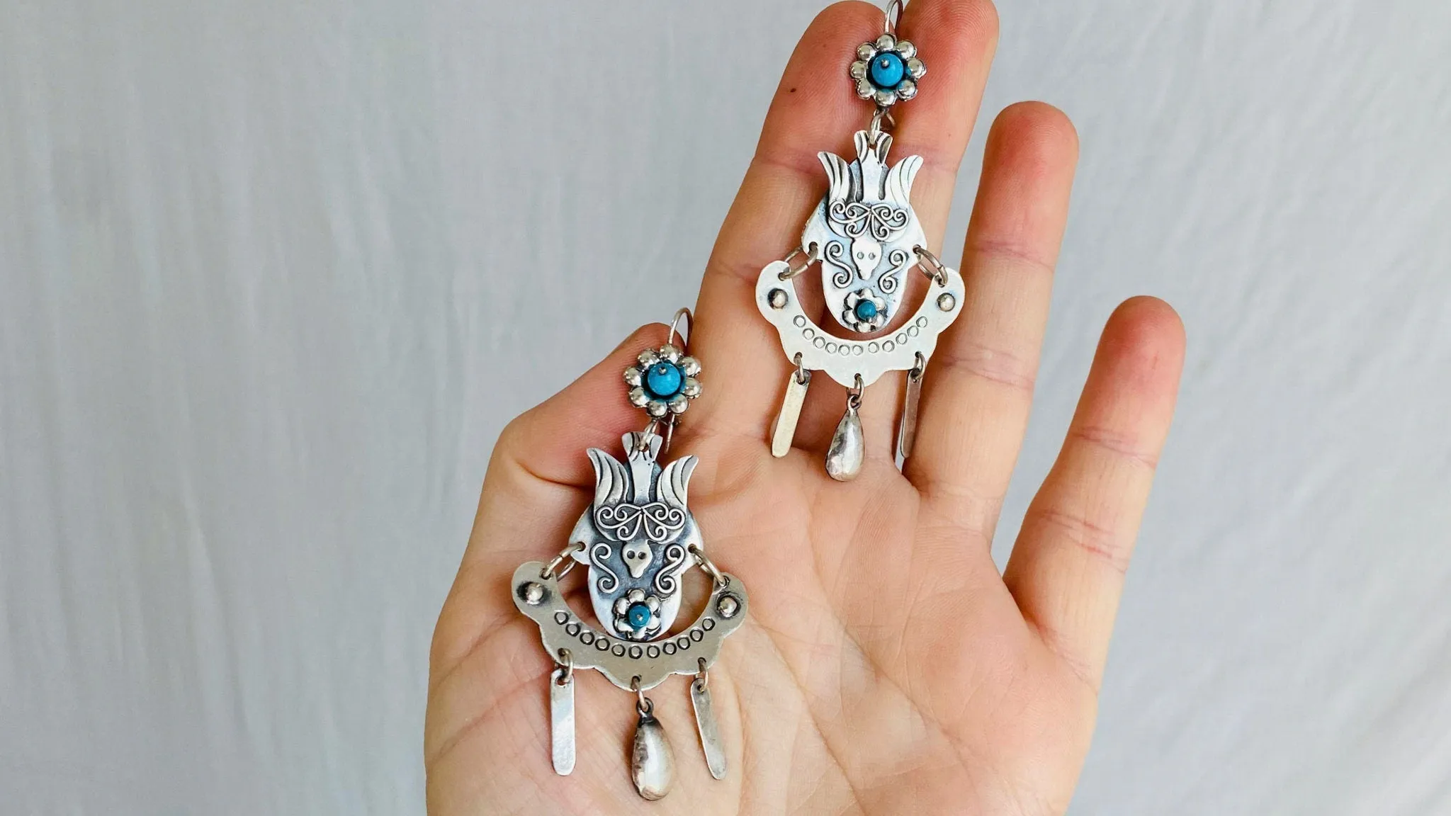 Vintage Oaxacan Earrings. Sterling Silver & Turquoise. Mexico.