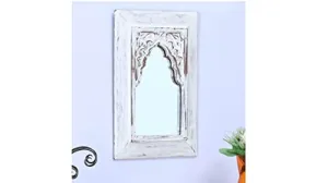 Vishwakarma Arts Mirror for Wall Decoration | Jharokha Mirror | Carved Mirror | Vintge Antique Mirror |Bedroom | Living Room | Vintage Style | Handmade Small Rustic Mirror 25x30cm (White)