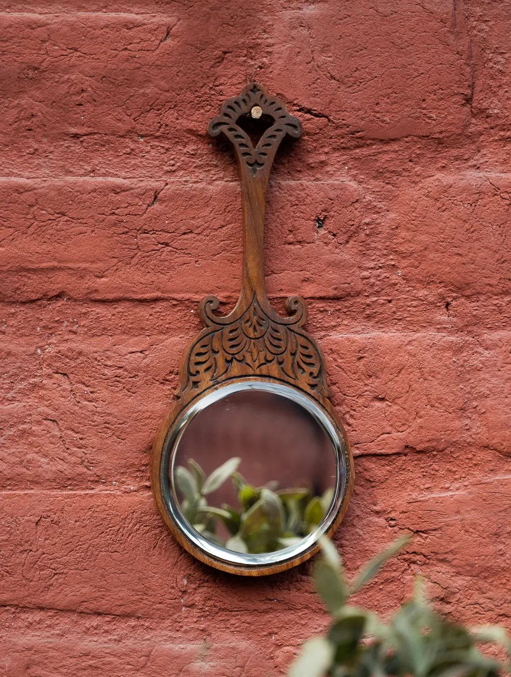 Wood Engraved Hand Mirror - Round