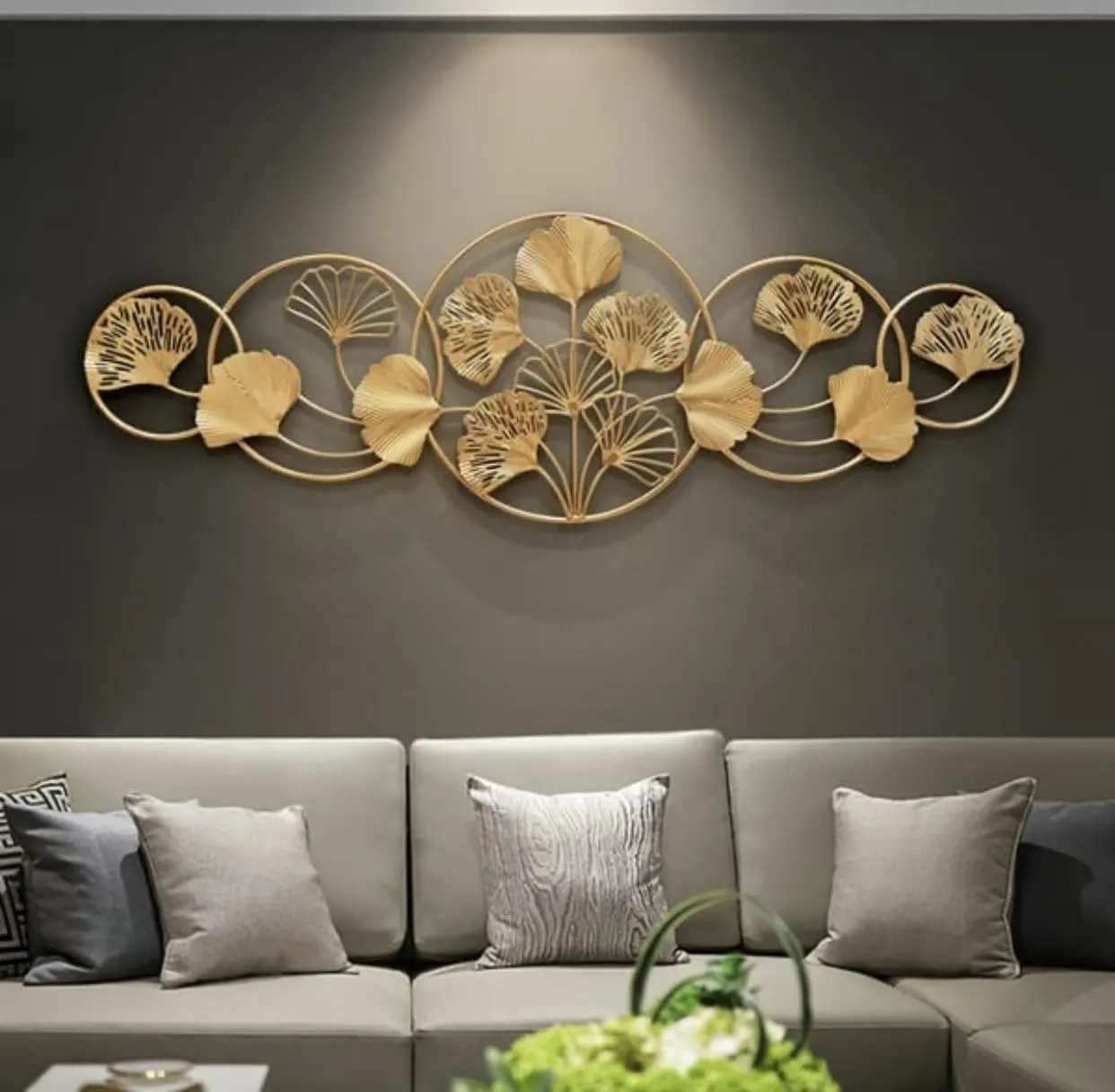 ZOVE Metal Wall Decor for Living Room Golden Flower Wall Hanging Home Decoration Perfect for Living Room/Hotel/Restaurant/Bedroom/Drawing Room (46 X 16 INCH) (Golden Colour)